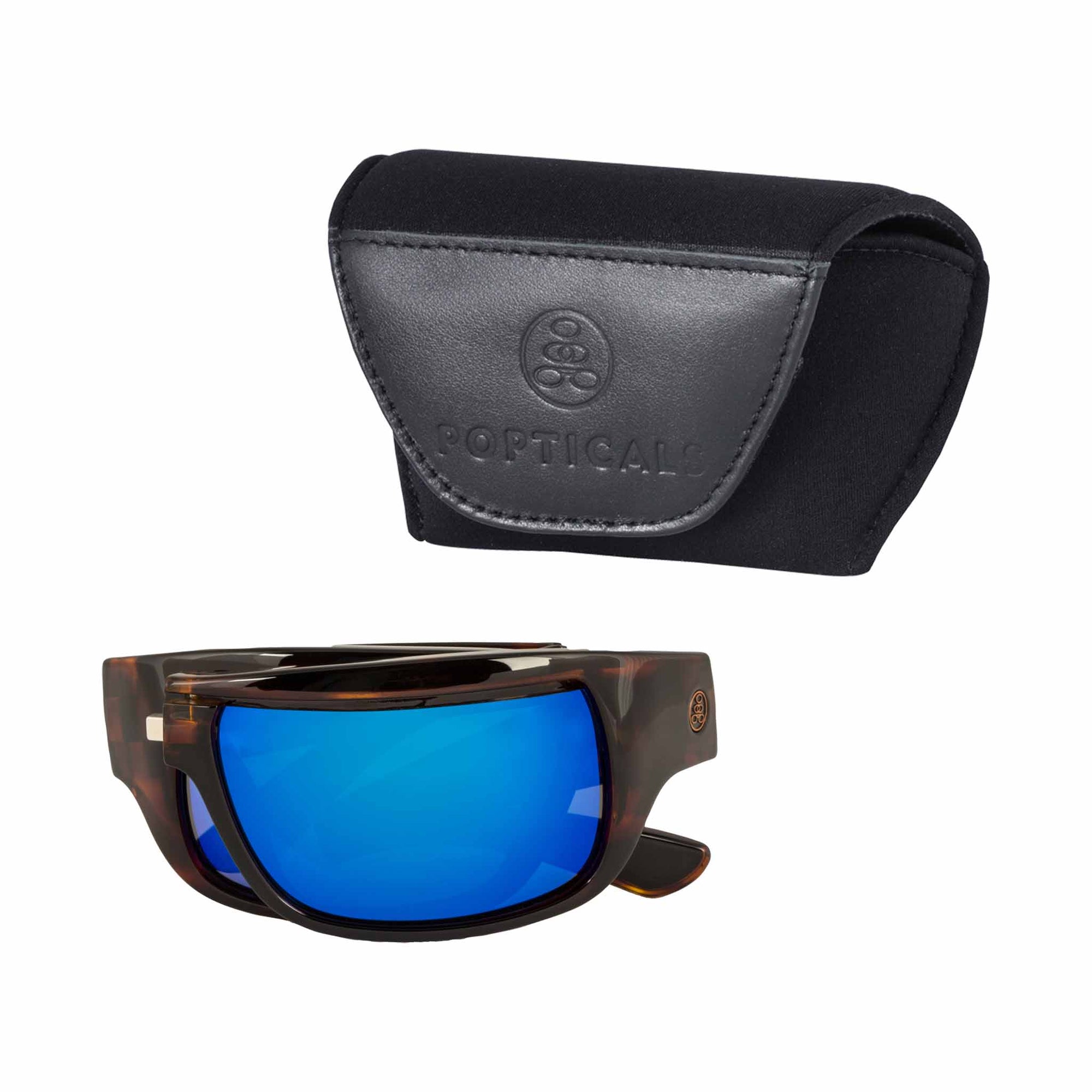Popticals, Premium Compact Sunglasses, PopH2O, 010070-CTUN, Polarized Sunglasses, Gloss Tortoise Frame, Gray Lenses w/Blue Mirror Finish, Case View