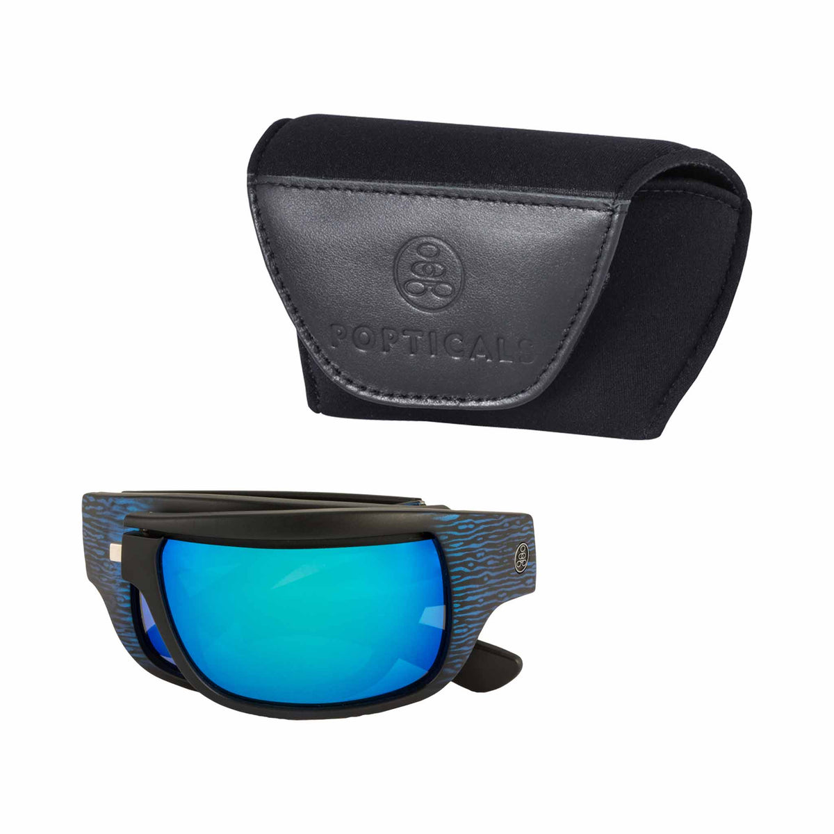 Popticals, Premium Compact Sunglasses, PopH2O, 010070-EUUN, Polarized Sunglasses, Matte Blue/Black Wood Frame, Gray Lenses w/Blue Mirror Finish, Case View
