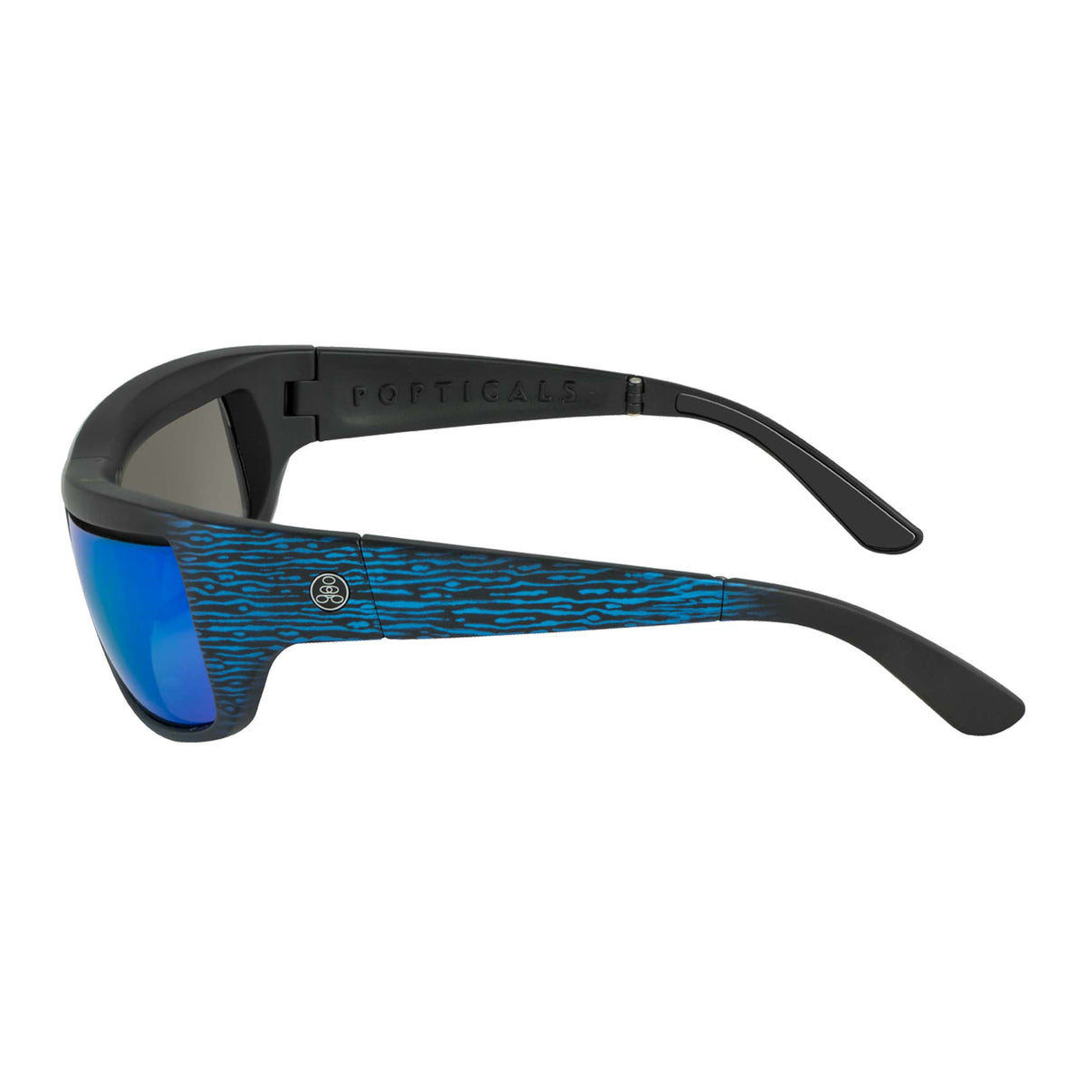 Popticals, Premium Compact Sunglasses, PopH2O, 010070-EUUN, Polarized Sunglasses, Matte Blue/Black Wood Frame, Gray Lenses w/Blue Mirror Finish, Side View