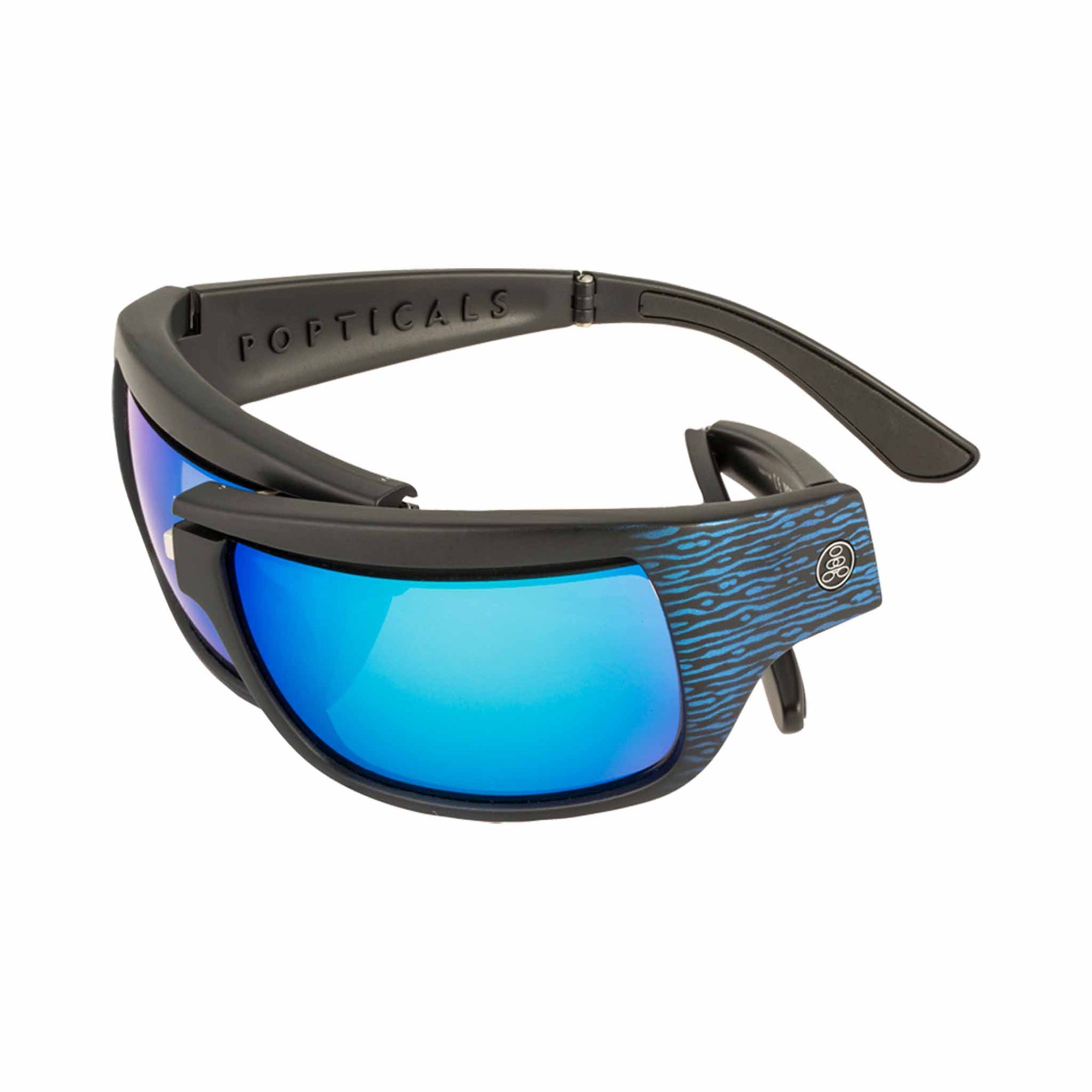 Popticals, Premium Compact Sunglasses, PopH2O, 010070-EUUN, Polarized Sunglasses, Matte Blue/Black Wood Frame, Gray Lenses w/Blue Mirror Finish, Glam View