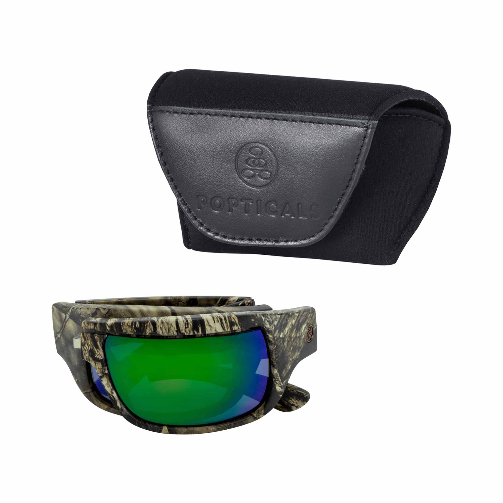 Popticals, Premium Compact Sunglasses, PopH2O, 010070-MCEN, Polarized Sunglasses, Matte Mossy Oak Break-Up Frame, Gray Lenses w/Green Mirror Finish, Case View