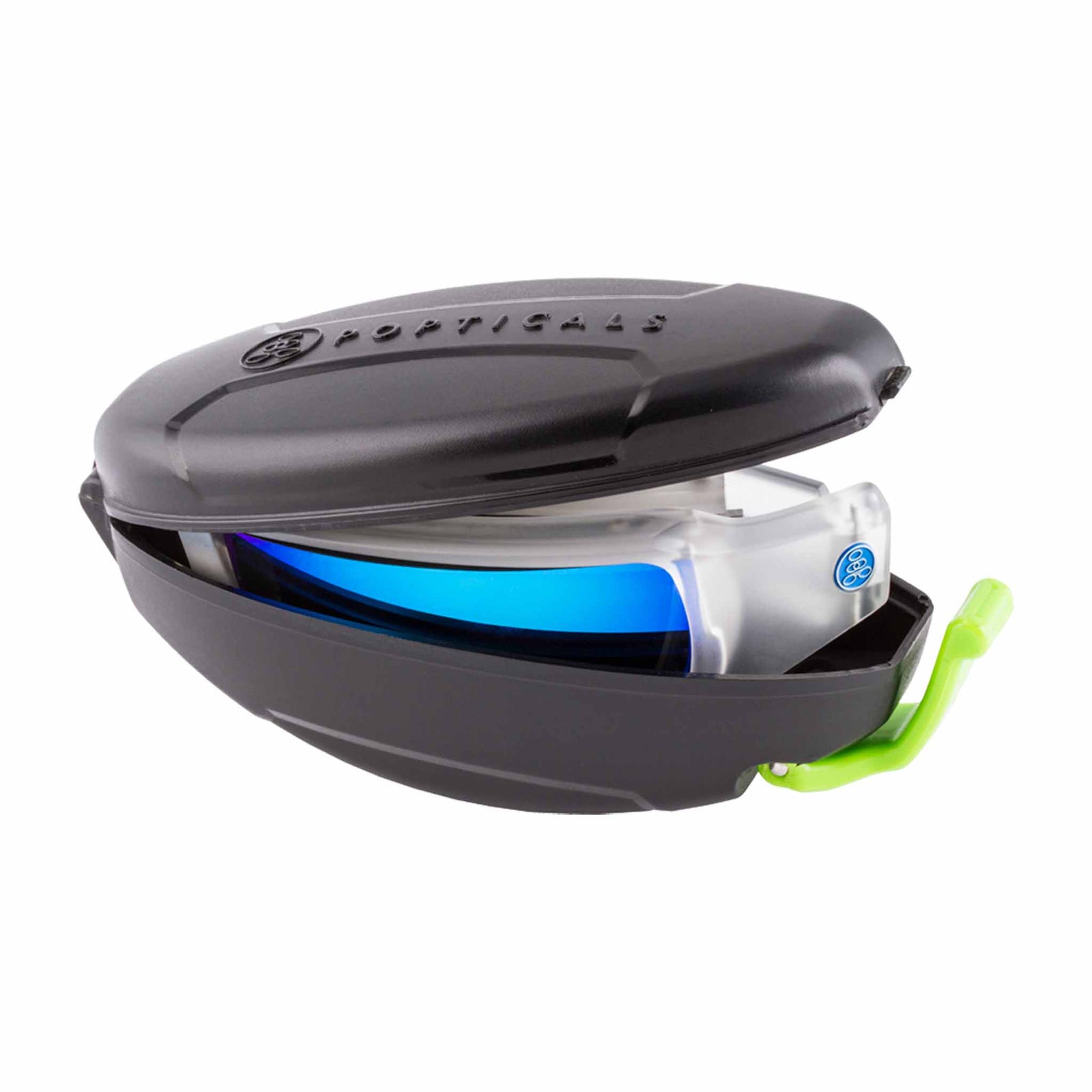 Popticals, Premium Compact Sunglasses, PopSign, 010020-XYUN, Polarized Sunglasses, Matte Crystal Frame, Gray Lenses w/Blue Mirror Finish, Case View