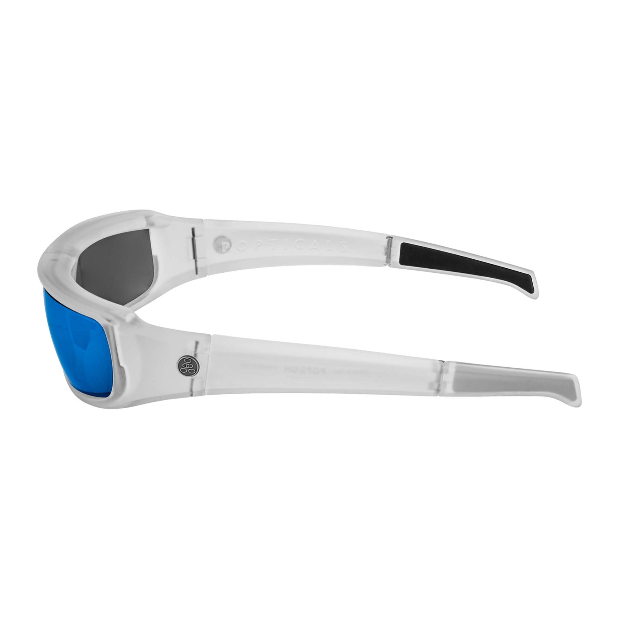 Popticals, Premium Compact Sunglasses, PopSign, 010020-XYUN, Polarized Sunglasses, Matte Crystal Frame, Gray Lenses w/Blue Mirror Finish, Side View