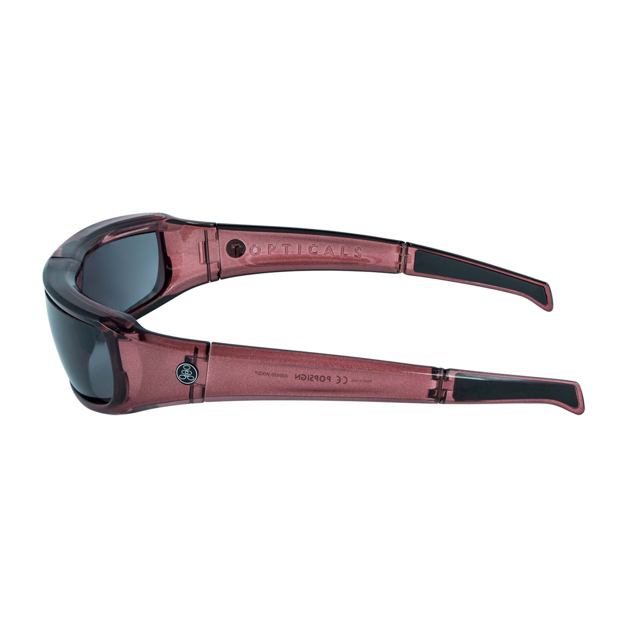 Popticals, Premium Compact Sunglasses, PopSign, 020020-WXGP, Polarized Sunglasses, Gloss Wine Crystal Frame, Gray Lenses, Side View
