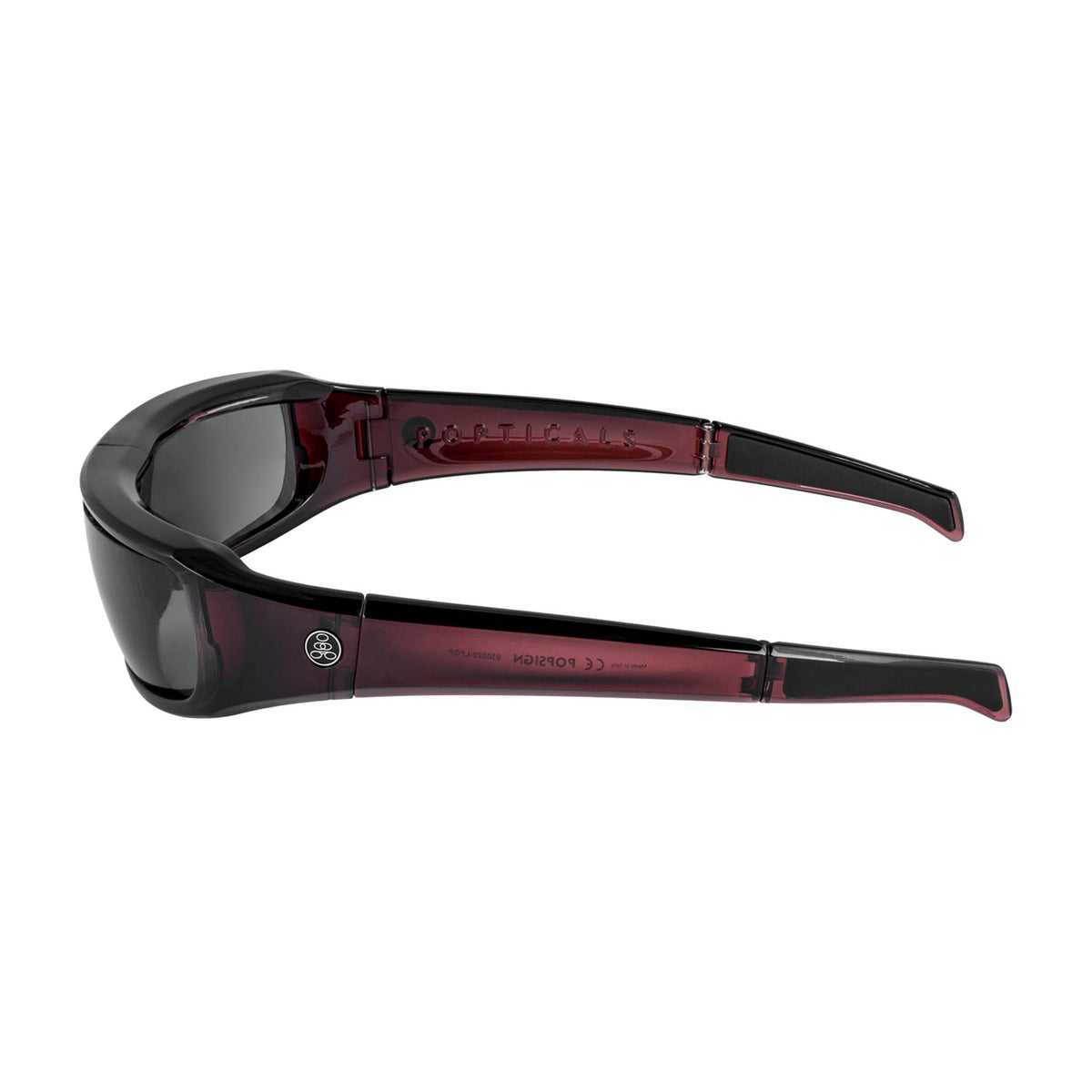 Popticals, Premium Compact Sunglasses, PopSign, 030020-LFGP, Polarized Sunglasses, Gloss Wine/Black Crystal Frame, Gray Lenses, Side View