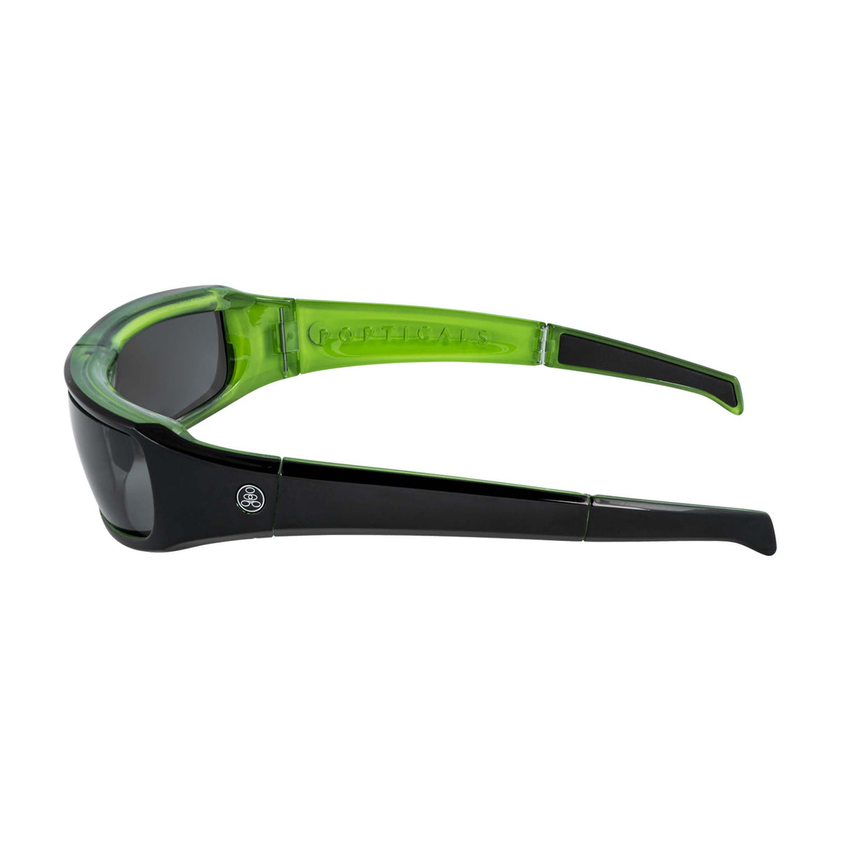 Popticals, Premium Compact Sunglasses, PopSign, 040020-GLGP, Polarized Sunglasses, Gloss Black over Green Crystal Frame, Gray Lenses, Side View