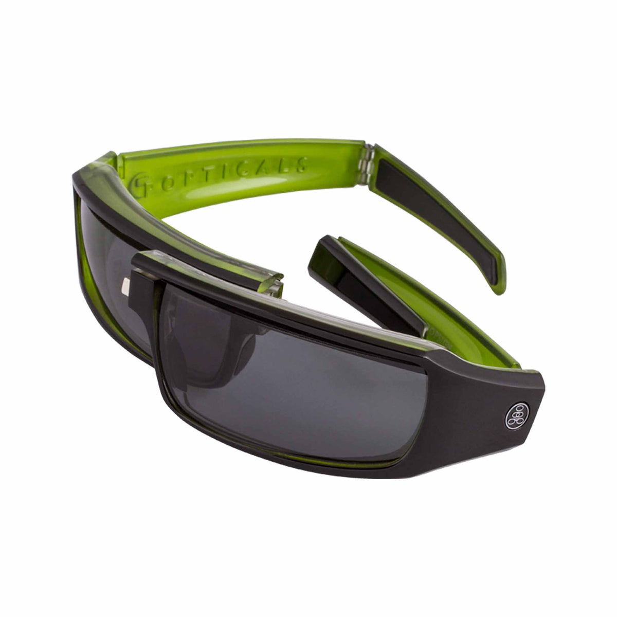 Popticals, Premium Compact Sunglasses, PopSign, 040020-GLGP, Polarized Sunglasses, Gloss Black over Green Crystal Frame, Gray Lenses, Spider View