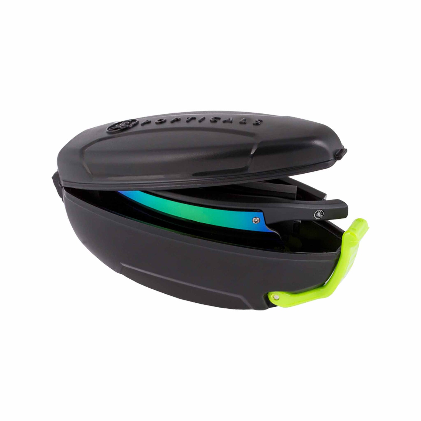 Popticals, Premium Compact Sunglasses, PopStar, 010040-BMEN, Polarized Sunglasses, Matte Black Frame, Gray Lenses w/Green Mirror Finish, Case View