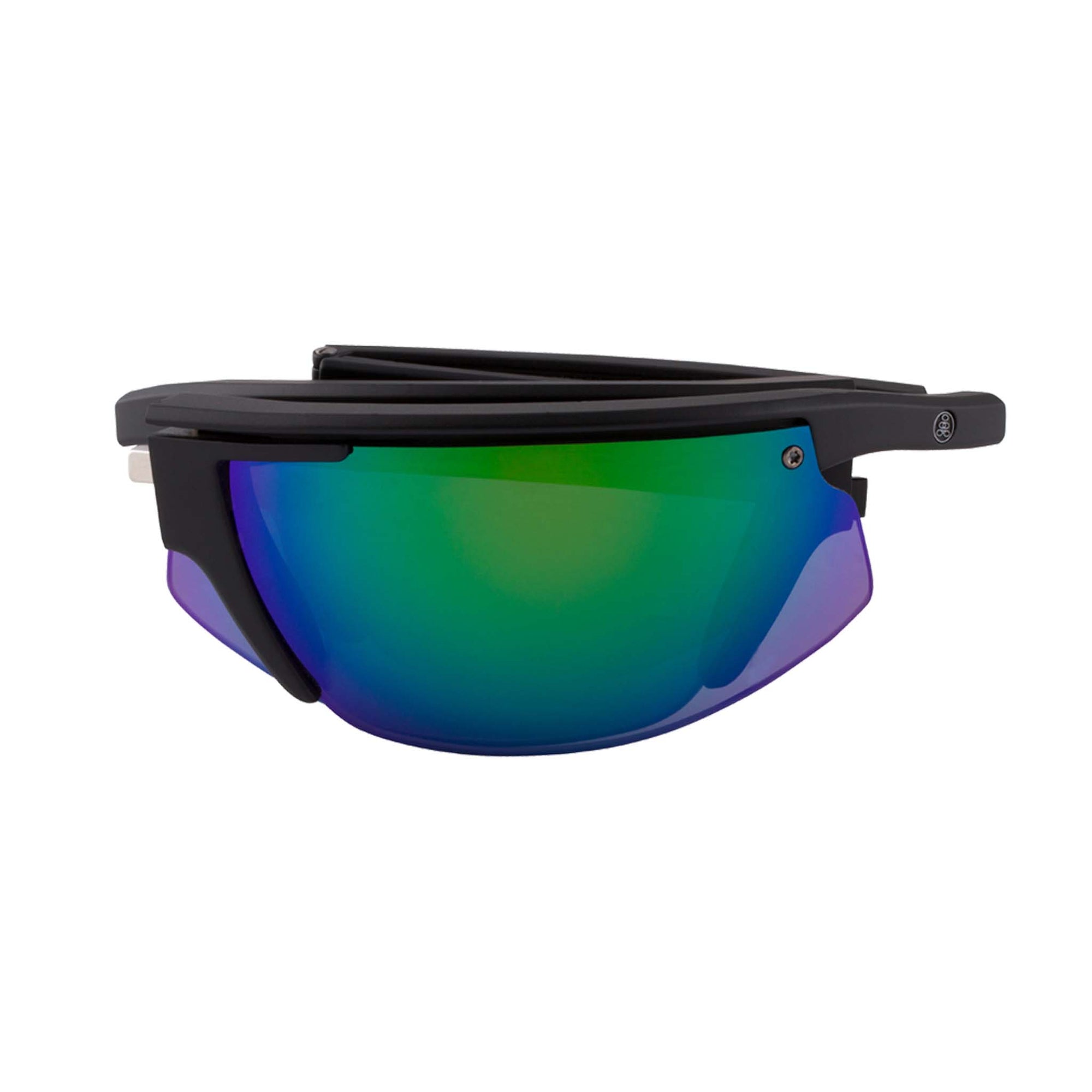 Popticals, Premium Compact Sunglasses, PopStar, 010040-BMEN, Polarized Sunglasses, Matte Black Frame, Gray Lenses w/Green Mirror Finish, Compact View