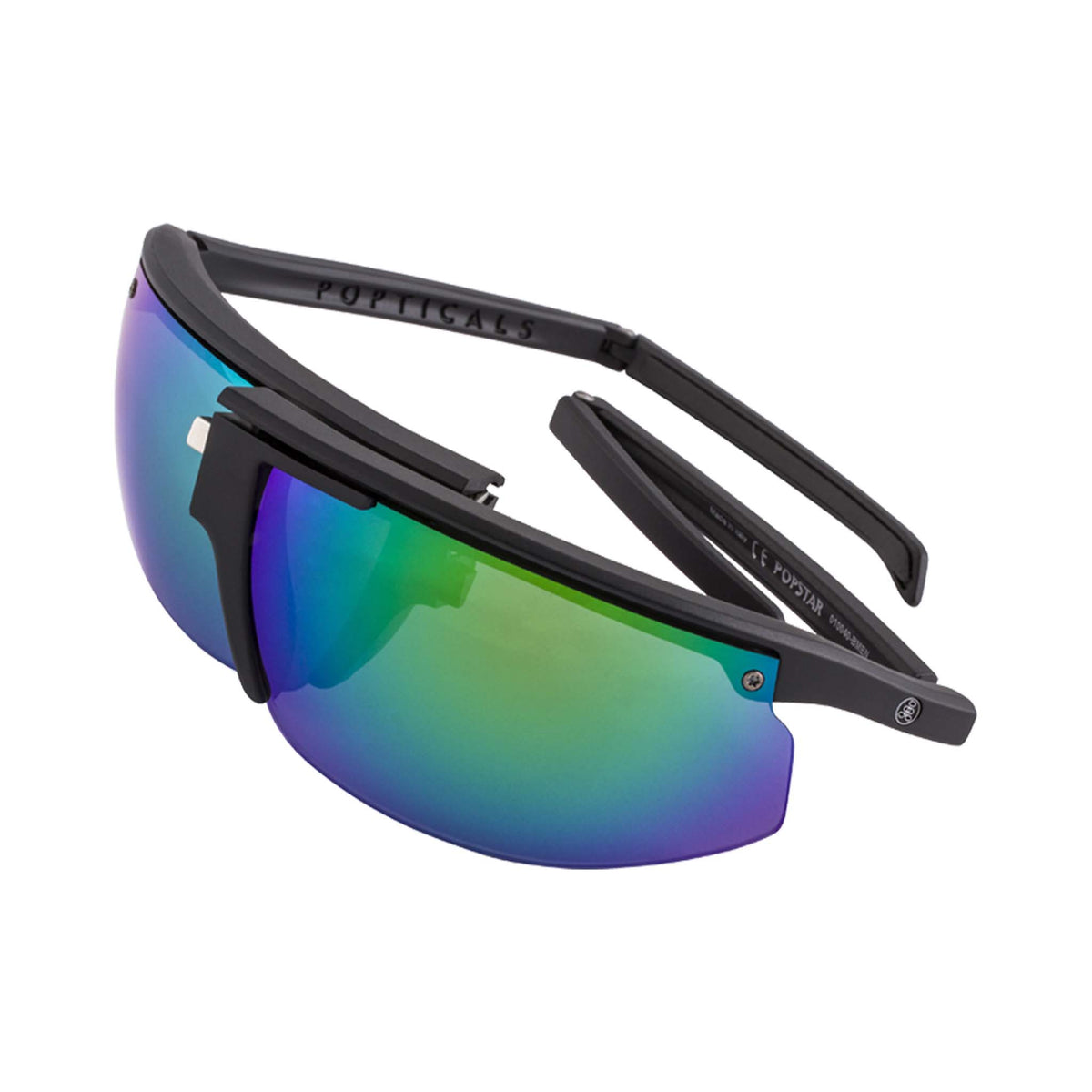 Popticals, Premium Compact Sunglasses, PopStar, 010040-BMEN, Polarized Sunglasses, Matte Black Frame, Gray Lenses w/Green Mirror Finish, Spider View