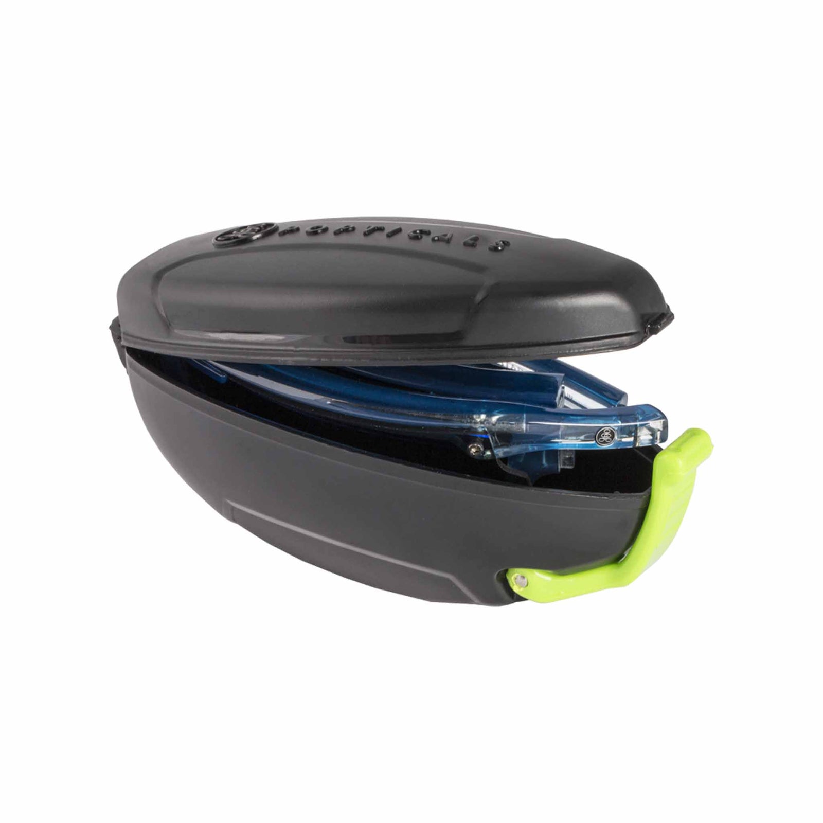 Popticals, Premium Compact Sunglasses, PopStar, 030040-BFUN, Polarized Sunglasses, Gloss Blue/Clear Crystal Frame, Gray Lenses w/Blue Mirror Finish, Case View