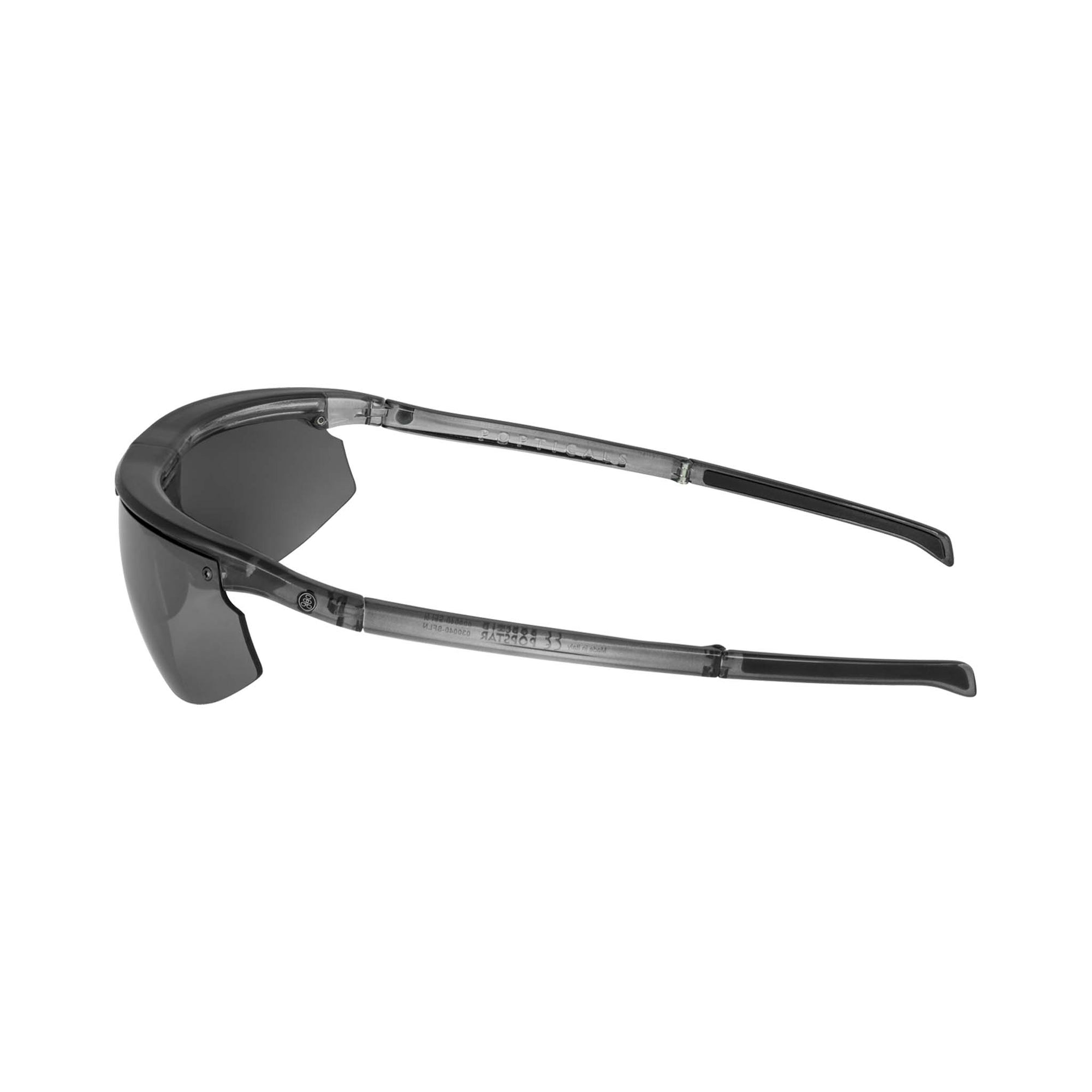Popticals, Premium Compact Sunglasses, PopStar, 030040-SFLN, Polarized Sunglasses, Gloss Smoke/Clear Crystal Frame, Gray Lenses w/Silver Mirror Finish, Side View