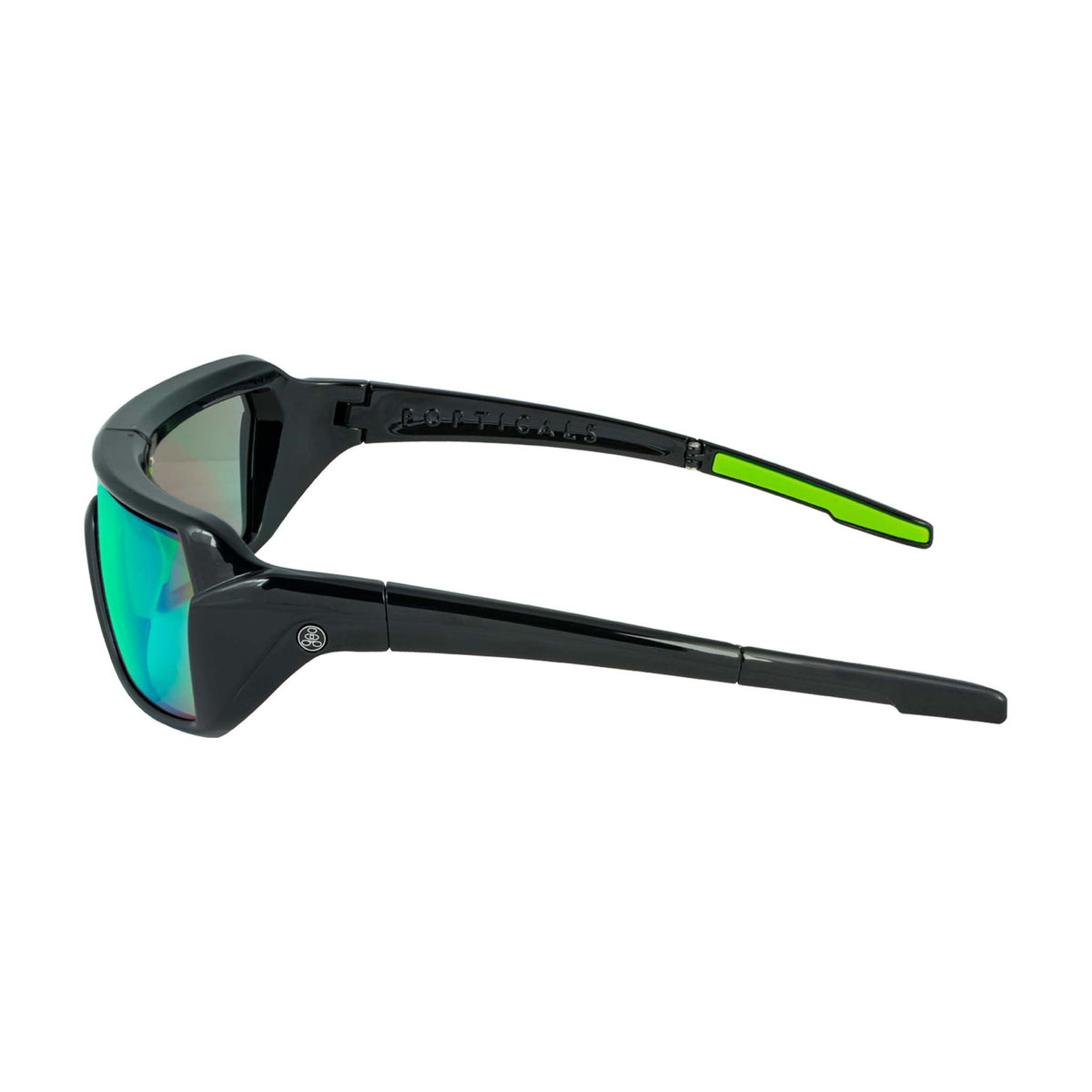 Popticals, Premium Compact Sunglasses, PopStorm, 010060-BGEO, Standard Sunglasses, Gloss Black Frame, Gray Lenses w/Green Mirror Finish, Side View