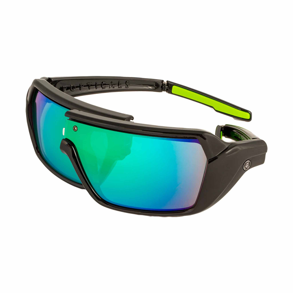 Popticals, Premium Compact Sunglasses, PopStorm, 010060-BGEO, Standard Sunglasses, Gloss Black Frame, Gray Lenses w/Green Mirror Finish, Spider View