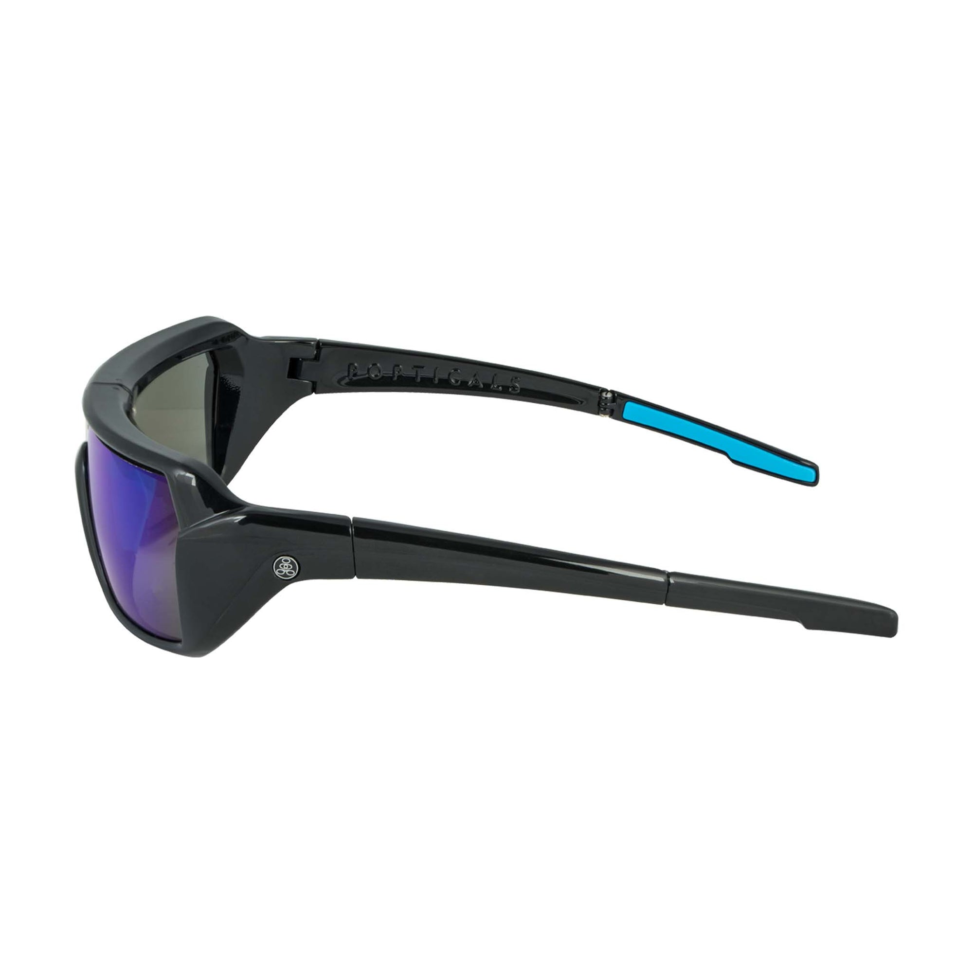 Popticals, Premium Compact Sunglasses, PopStorm, 010060-BGUO, Standard Sunglasses, Gloss Black Frame, Gray Lenses w/Blue Mirror Finish, Side View