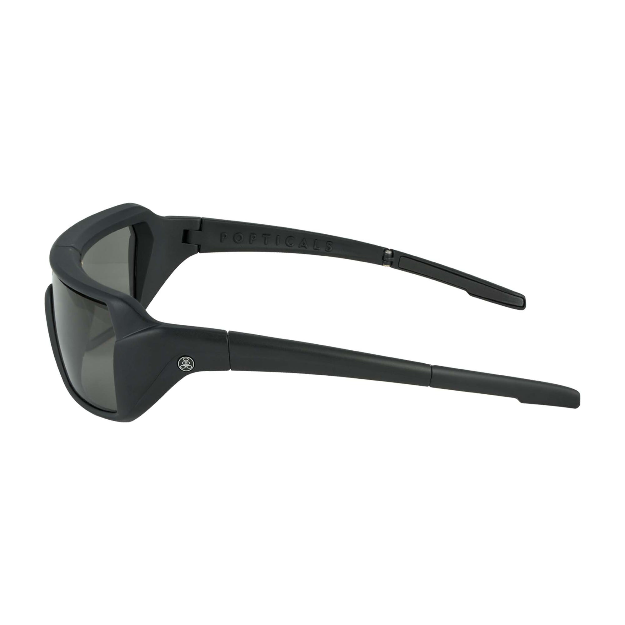 Popticals, Premium Compact Sunglasses, PopStorm, 010060-BMGP, Polarized Sunglasses, Matte Black Frame, Gray Lenses, Side View