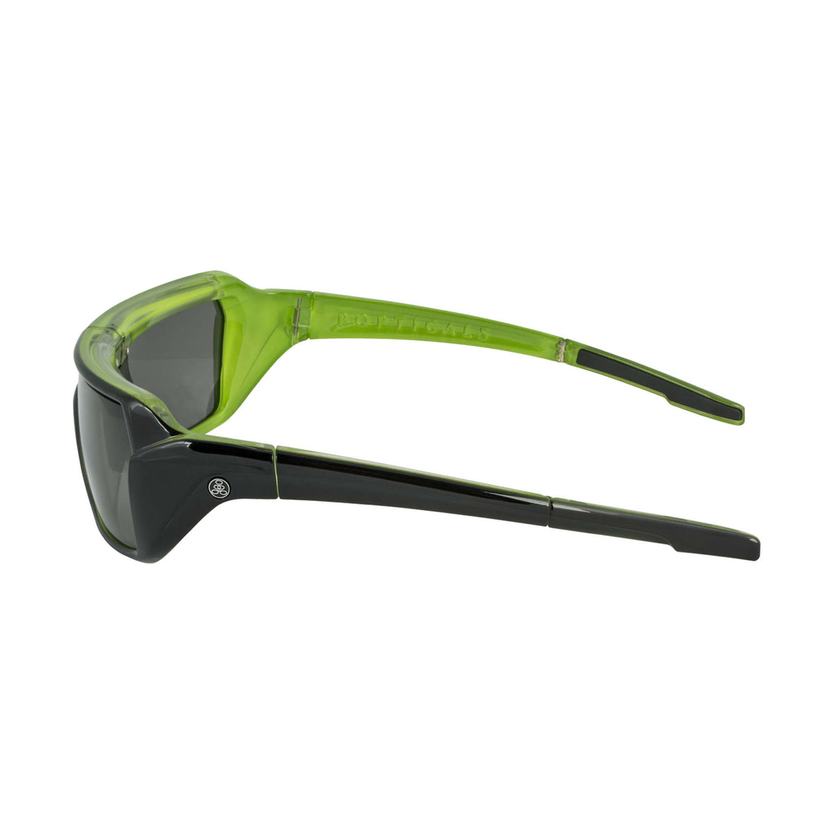 Popticals, Premium Compact Sunglasses, PopStorm, 010060-GLGP, Polarized Sunglasses, Gloss Black/Green Crystal Frame, Gray Lenses, Side View