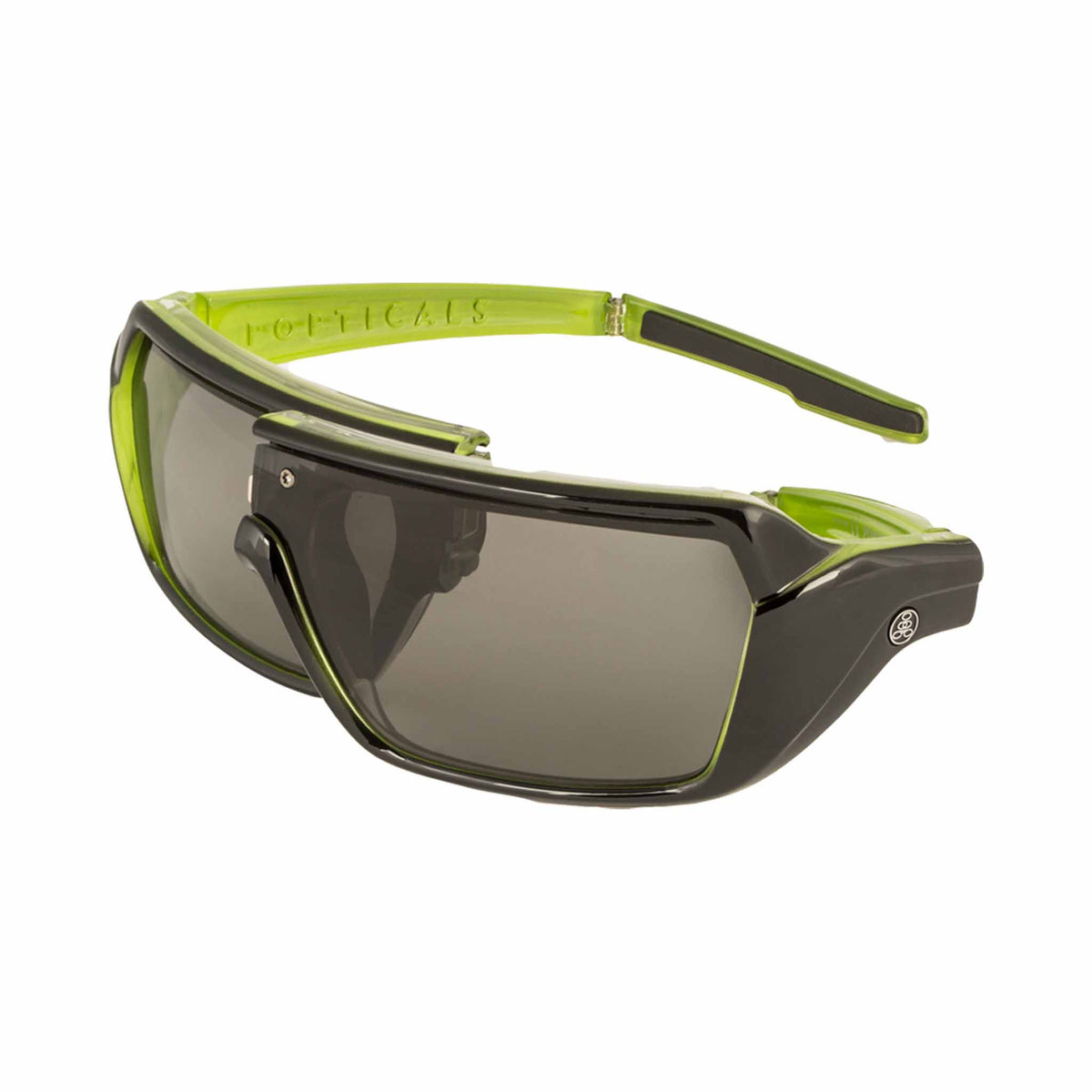 Popticals, Premium Compact Sunglasses, PopStorm, 010060-GLGP, Polarized Sunglasses, Gloss Black/Green Crystal Frame, Gray Lenses, Spider View
