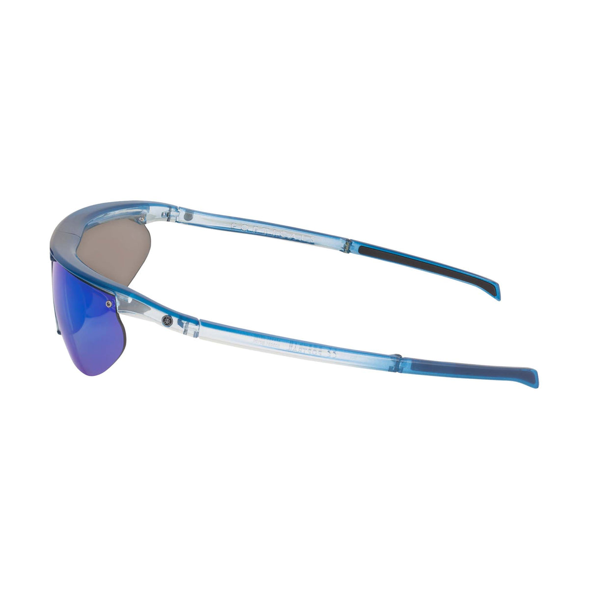 Popticals, Premium Compact Sunglasses, PopTrail, 030081-BFUN, Polarized Sunglasses, Gloss Blue over Crystal Frame, Gray Lenses w/Blue Mirror Finish, Side View