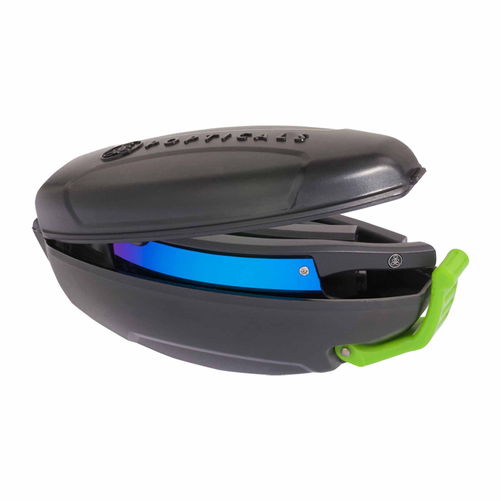 Popticals, Premium Compact Sunglasses, PopEdge, 010091-BMUN, Polarized Sunglasses, Matte Black Frame, Gray Lenses with Blue Mirror Finish, Case View