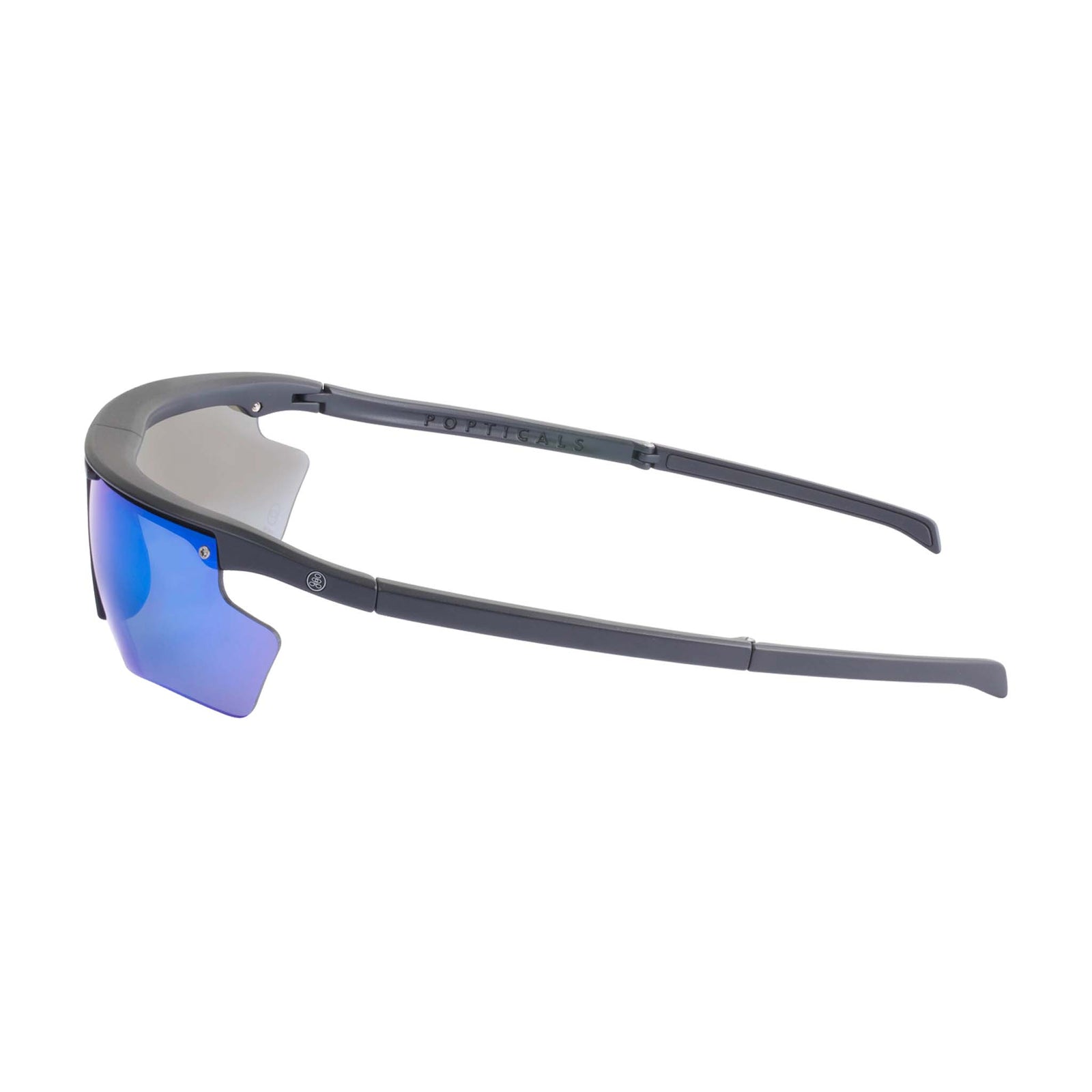 Popticals, Premium Compact Sunglasses, PopEdge, 010091-BMUN, Polarized Sunglasses, Matte Black Frame, Gray Lenses with Blue Mirror Finish, Side View