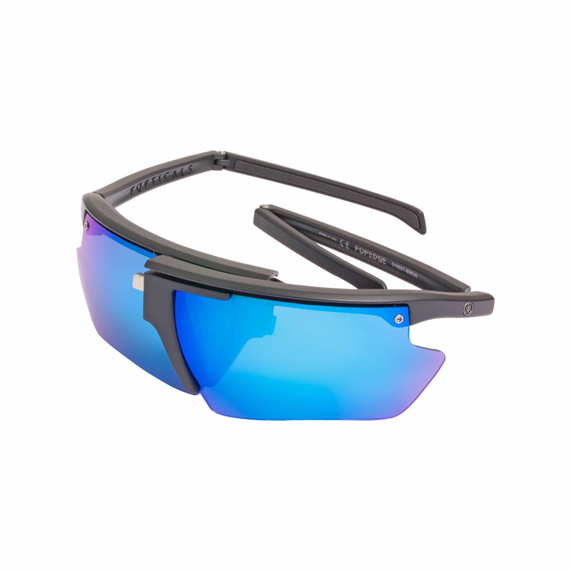Popticals, Premium Compact Sunglasses, PopEdge, 010091-BMUN, Polarized Sunglasses, Matte Black Frame, Gray Lenses with Blue Mirror Finish, Glam View