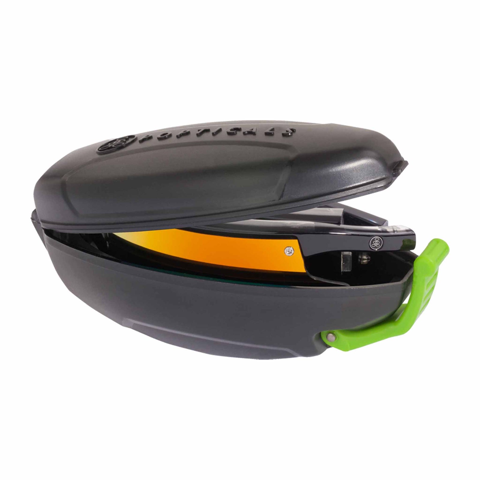 Popticals, Premium Compact Sunglasses, PopEdge, 040091-BLON, Polarized Sunglasses, Gloss Black over Crystal Frame, Gray Lenses with Orange Mirror Finish, Case View