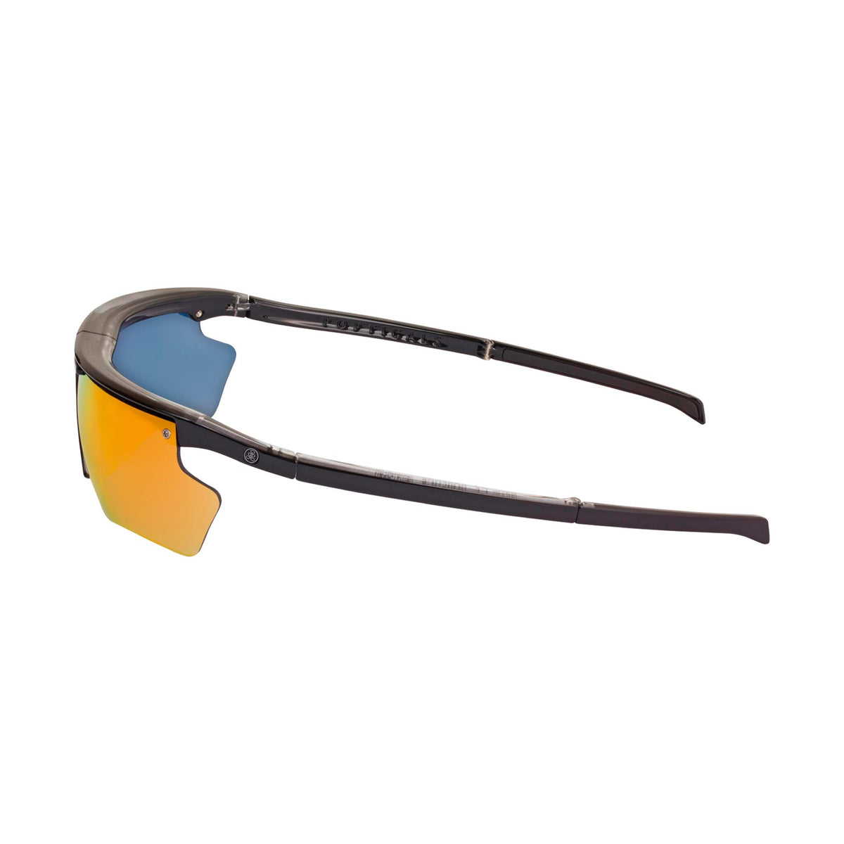 Popticals, Premium Compact Sunglasses, PopEdge, 040091-BLON, Polarized Sunglasses, Gloss Black over Crystal Frame, Gray Lenses with Orange Mirror Finish, Side View