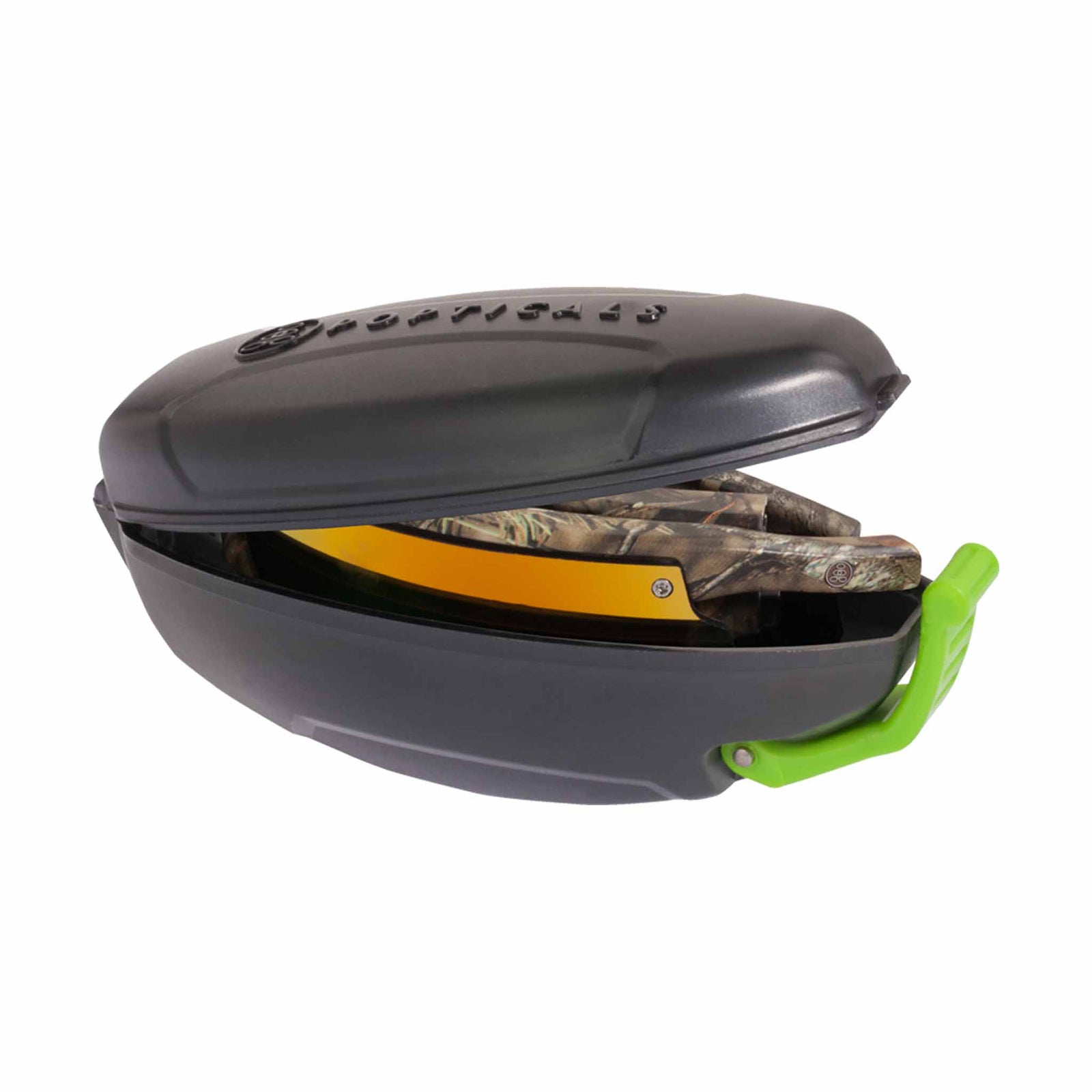 Popticals, Premium Compact Sunglasses, PopStar, 010040-MCON, Polarized Sunglasses, Matte Mossy Oak Break-Up Frame, Gray Lenses w/Orange Mirror Finish, Case View