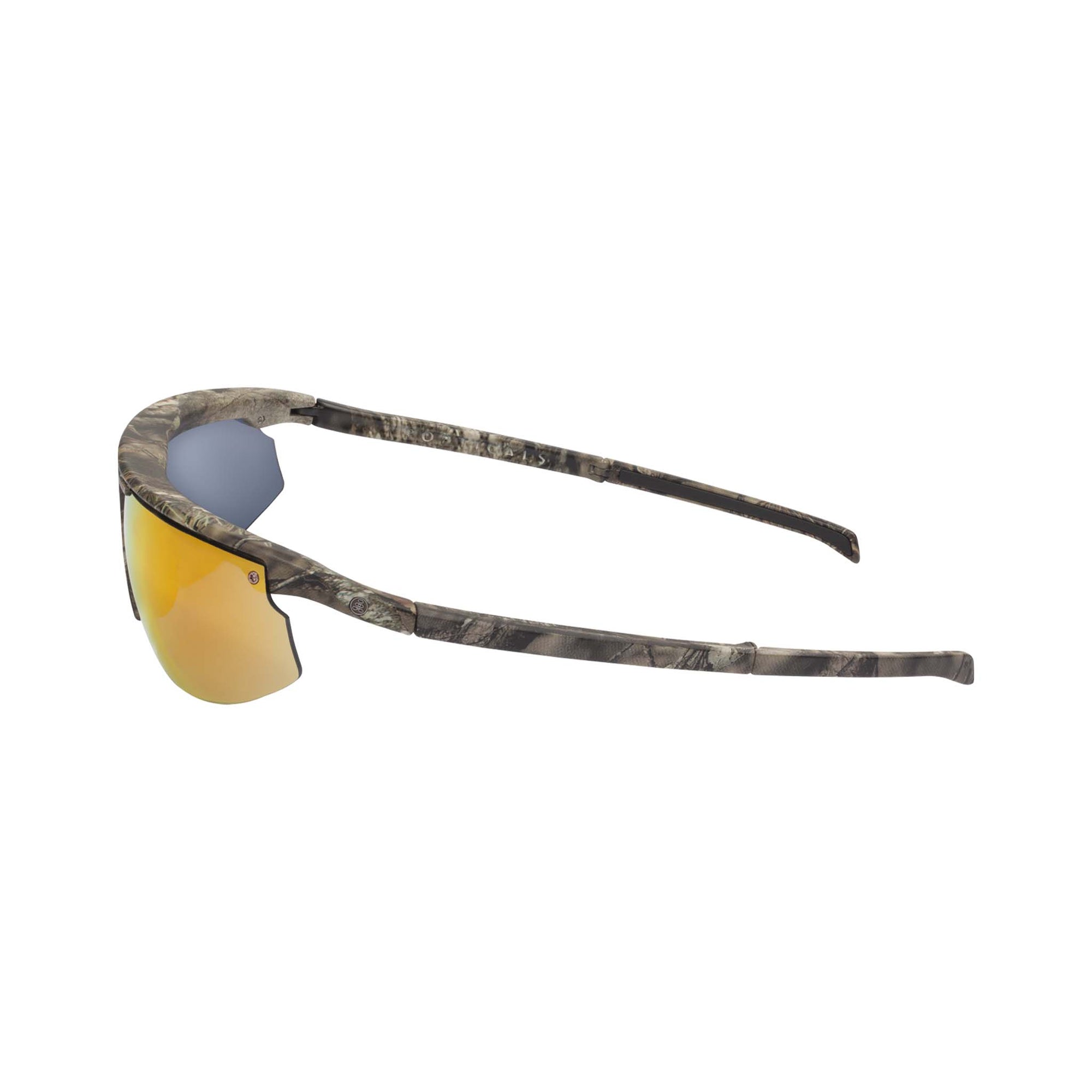 Popticals, Premium Compact Sunglasses, PopStar, 010040-MCON, Polarized Sunglasses, Matte Mossy Oak Break-Up Frame, Gray Lenses w/Orange Mirror Finish, Side View