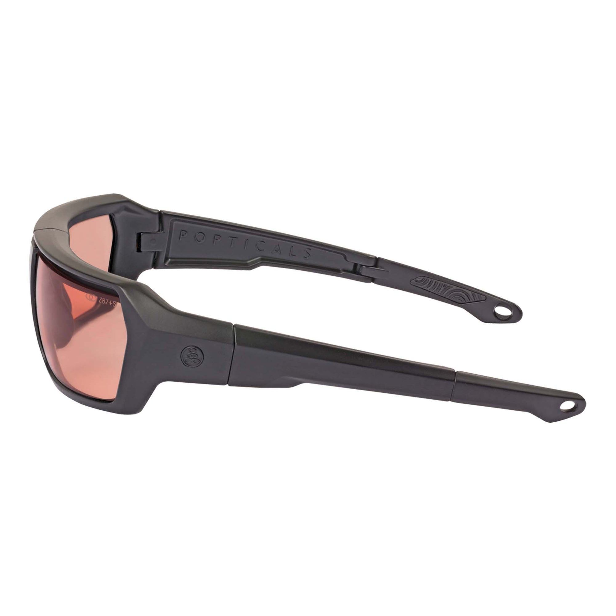 Popticals, Premium Compact Sunglasses, PopZulu, 600010-BMOZ, Standard Sunglasses, Matte Black Frame, Orange Opx Lenses, Side View