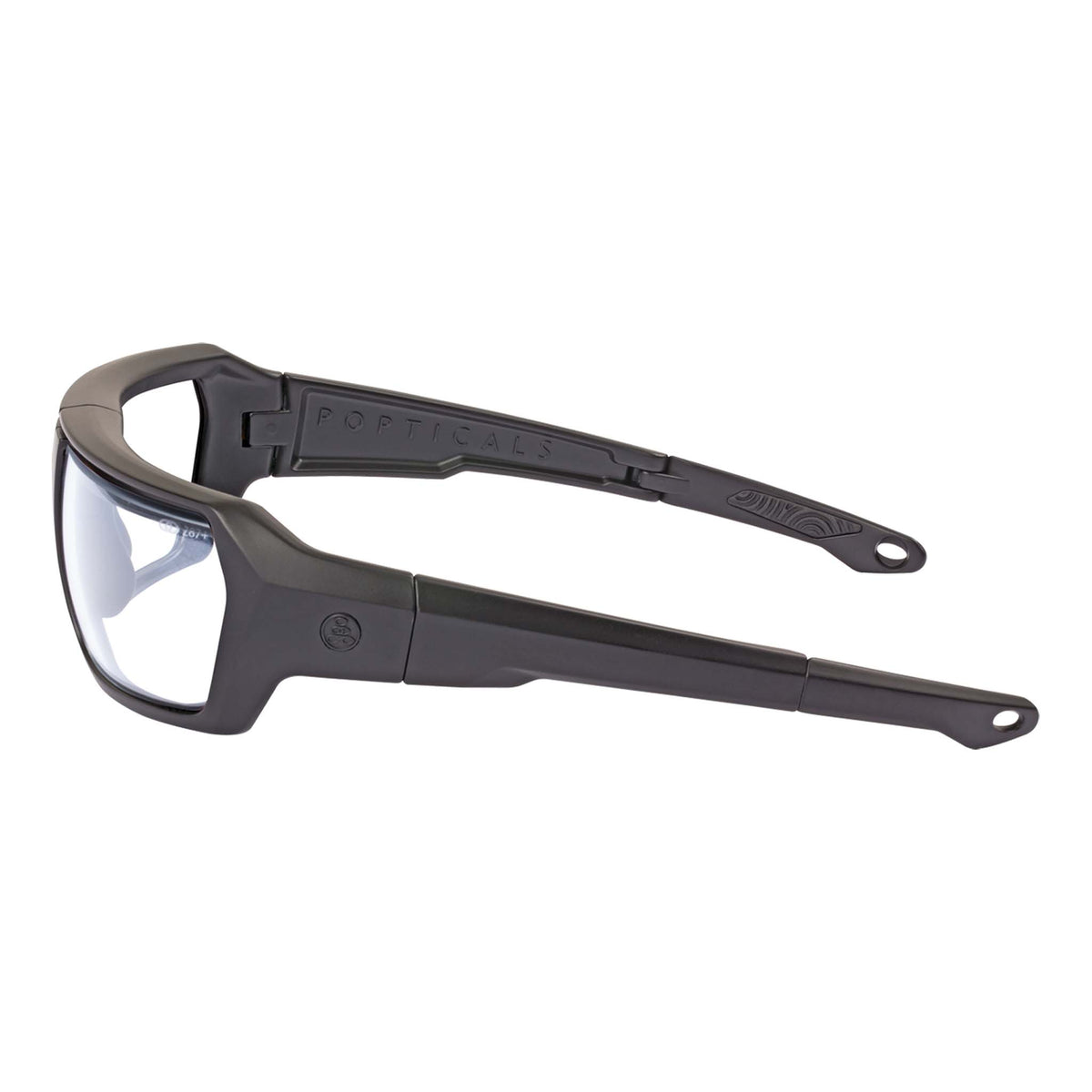 Popticals, Premium Compact Sunglasses, PopZulu, 600010-BMXZ, Standard Sunglasses, Matte Black Frame, Clear Opx Lenses, Side View